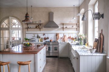 Décor Inspiration: An Elegant Kitchen in an Old Schoolhouse in the German Countryside with Marble Counters & Herringbone Floors