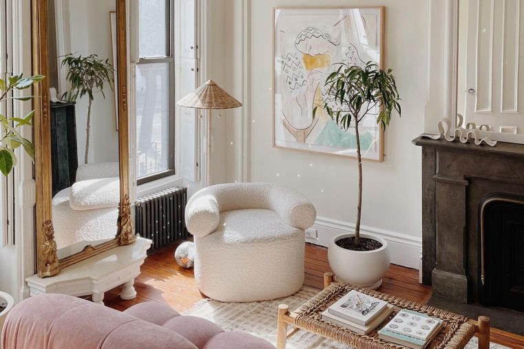 Décor Inspiration: A Bright & Airy Brooklyn Apartment with Gilded Mirrors and a Pink Mario Bellini Sofa